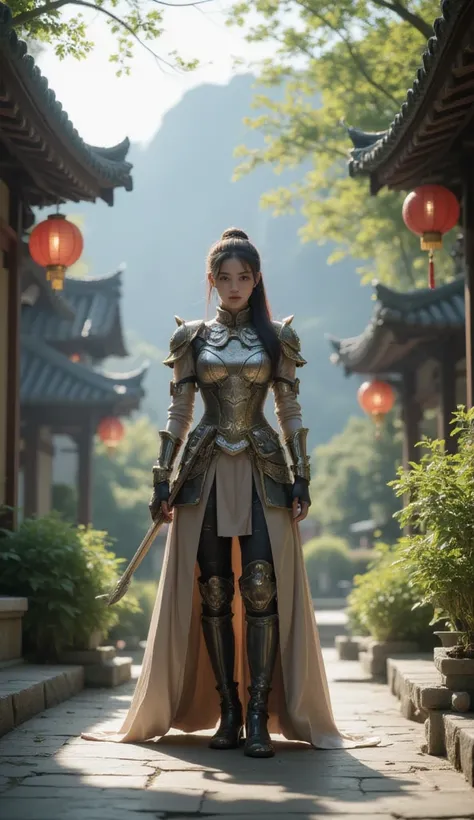 In a scene set against the backdrop of East Asian architecture, a young woman with long, black hair stands solo outdoors. She is dressed in armor with long sleeves, her hair tied back in a ponytail. Holding a sheathed weapon over her shoulder, she exudes a...