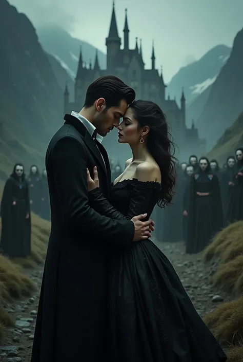 a very handsome human man with the appearance of an artist protecting and hugging a beautiful vampire woman, in the background there are dark mountains with a dark castle and a clan of vampires in gothic style