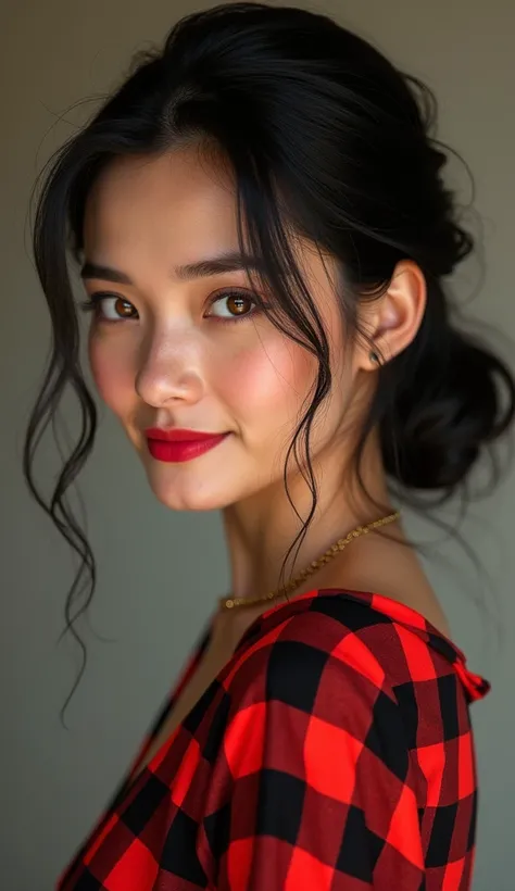 A woman in profile in a red and black checkered dress
Big honey eyes
Like American women 
With gathered black hair 
His ears should be known 
beautiful smile 
100% real human being