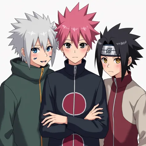 Picture with three ren together like Team 7 from the Naruto universe a in the middle with pink hair on top and the rest black eyes black another boy with white hair blue eyes and paints in the corner of his mouth and another with black hair and golden eyes...