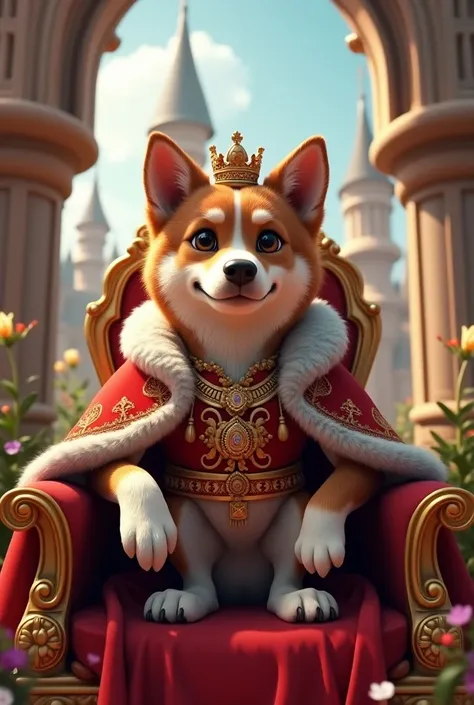 Create an image of a dog being the king of the Marphy wearing clothes