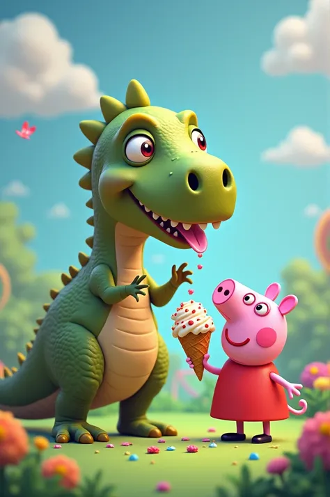 Dinosaur eating ice cream and PEPA pig