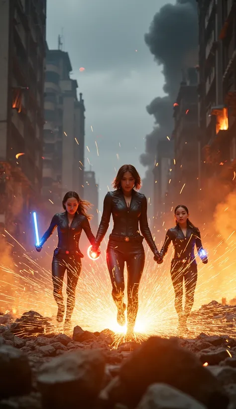 A 5-second ultra-realistic cinematic video capturing the intense moment when Black Widow and Catwoman rush towards each other in a fiery urban battlefield and merge into a single hybrid hero. The video begins with Black Widow sprinting from the left, her e...