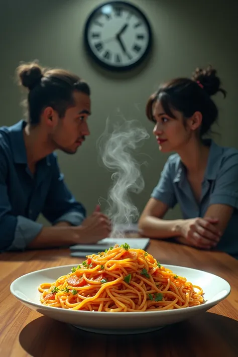 
 Imagine a table with a plate of instant noodles  (Miojo )  on one side and on the other a chair with a therapist and a patient talking. O prato de Miojo  é vivido e rápido,  while the conversation is thoughtful and profound . In the background,  you can ...