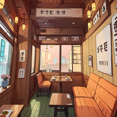 Anime style illustration of a small Japanese restaurant，There is a sign on iays &quot;Live a Wonderful Life&quot;, Anime Background art, High-detail storage, Cozy cafe background, Detailed scenery —width 672, commend artstyle, commend, Anime Background, Ma...