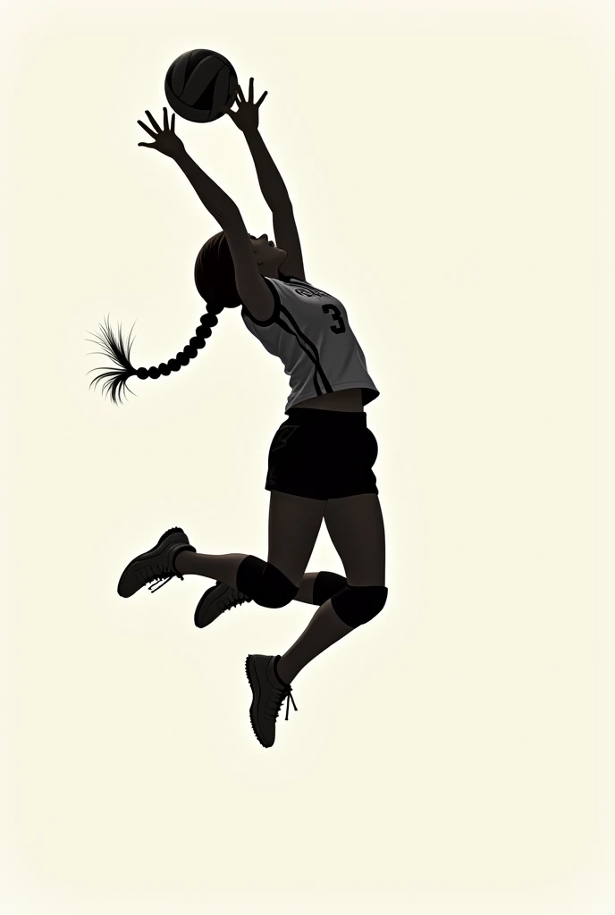 The silhouette of a girl with her hair braided doing a volleyball shot where she sees the number three and the last name Urrutia wearing a full volleyball outfit and knee-high stockings 