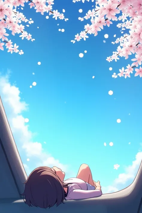 laying down in a car upward visual out of the car window of a bright blue sky and branches from tree that are white and the petals are white but with a pink undertone