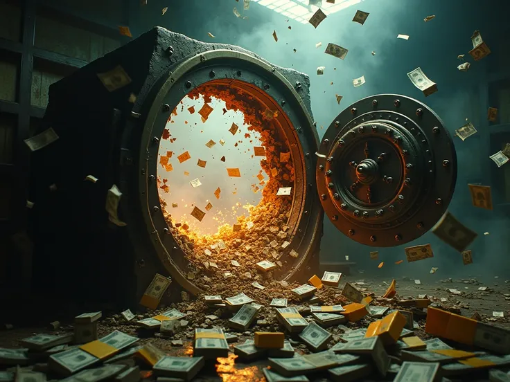 A dramatic and chaotic scene of a blown-open bank vault, with shattered metal doors and a flurry of cash bills flying through the air. The vault interior is illuminated by a dim, flickering light, revealing scattered gold bars and currency piles amidst the...