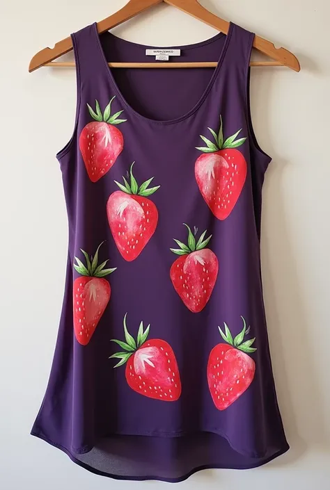 Design a purple sleeveless top with illustrations of strawberries painted on the fabric 