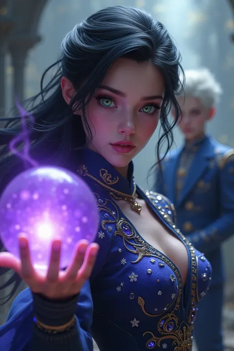 Generate a fantasy image :  In the foreground is an adult girl with black hair and green eyes holding a bright purple crystal ball in her hand,  in the background is a boy from behind :  has white hair and is dressed in a suit full of sapphires 