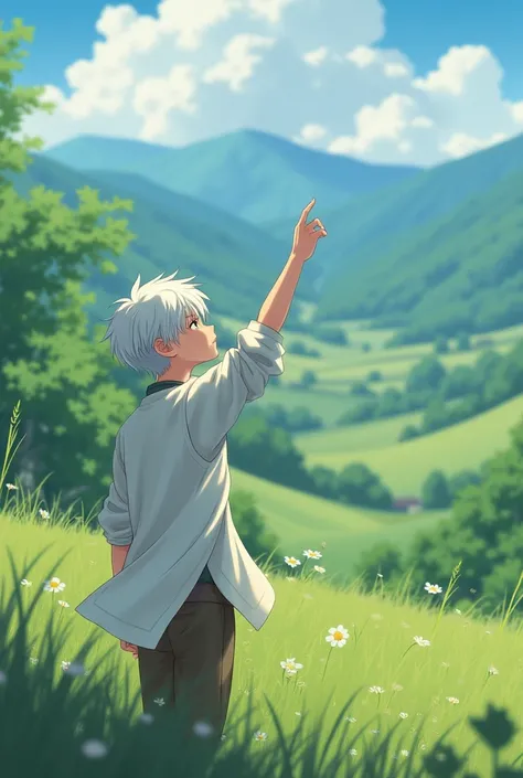 draw a boy with his back turned, head tilted upwards and hand raised. (Medieval white shirt, white hair and white ethnicity). Countryside scenery. All anime style.