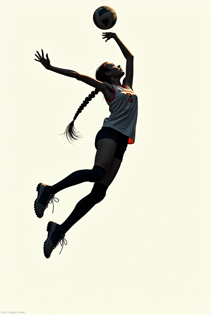 The silhouette of a girl with her hair braided doing a volleyball shot where she sees the number three and the last name Urrutia wearing a full volleyball outfit and knee-high stockings 