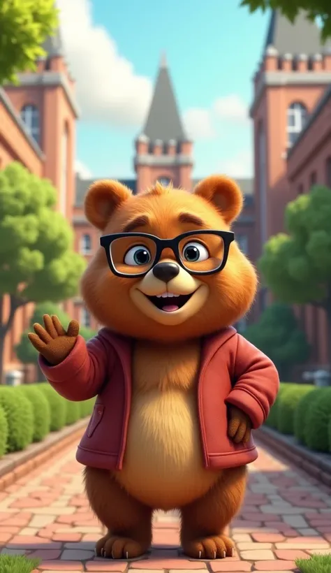 Cool looking animated bear with glasses welcoming you to a university 