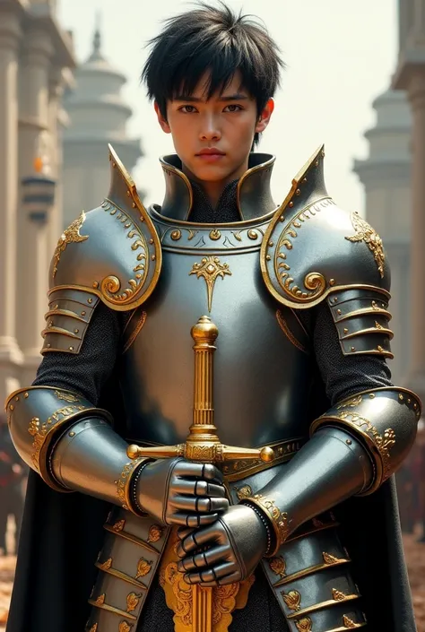  17-year-old teenager, 1,76 tall, With black hair and golden eyes, with silver armor with gold details and golden sword