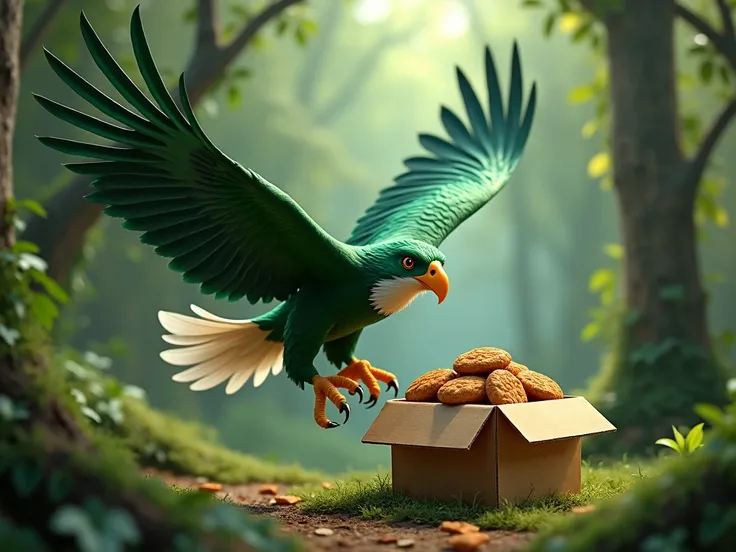 It generates an eagle with completely green plumage and yellow beak that finds a cardboard box full of patties in the forest