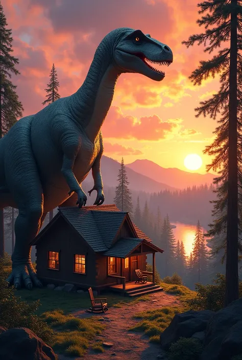 Create a cabin with a beautiful sunset and a dinosaur 
