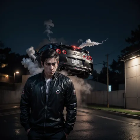 Young , sad, smoking,  close face , behind him us nissan gtr r35,  night weather 