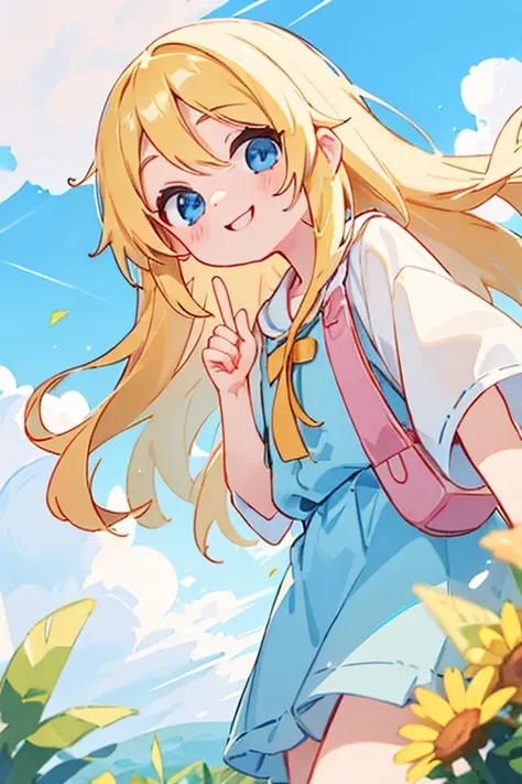 masterpiece, kind, kawaii, 1 , Alone, long blonde hair, blue eyes, smile, sunny, cloudy sky,