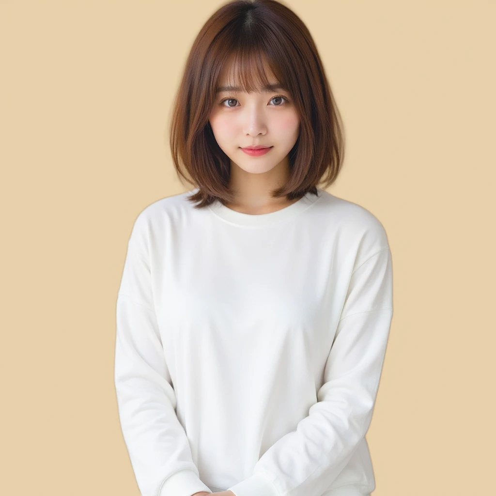 Proper placement, Golden Ratio, masterpiece,   best quality,  there is nothing,   1 Japanese woman,  Beautiful Japanese woman on simple background, White sweatshirt ,   anatomically accurate ratio  :1.331,   brown hair,   Medium Hair , With a simple backgr...