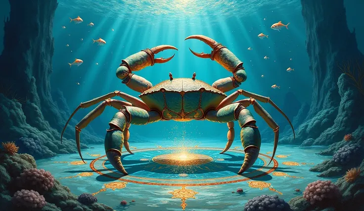 Prompt 5: The Crab’s Cosmic Ballet (Oil Painting Style)Picture a graceful cosmic ballet taking place in the depths of the ocean, with a giant crab as the central figure. The scene is depicted in rich, textured oil paints, with the crab’s shell painted in v...