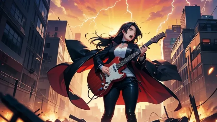        impressive scene in anime style     。 The main character is in the storm   、  black髪、male、 hard boiled 、 hard rock song       『Crimson Rebellion』 Illustration 。          broken chains and sparks are scattered everywhere        、    background 、     ...