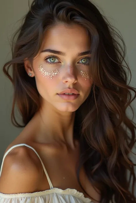 portrait of a real girl ,  long dark hair  (Curls),  green eyes ,  there is a glitter decoration on her face.