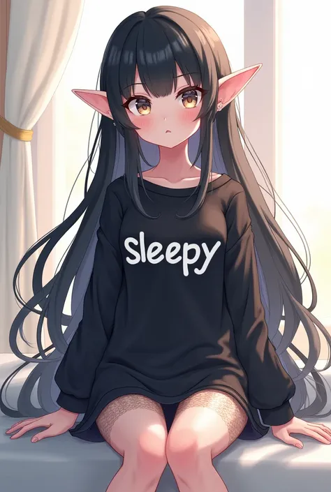 A long-haired, black-haired elf wearing a half-black shirt written sleepy and stockings, anime net..