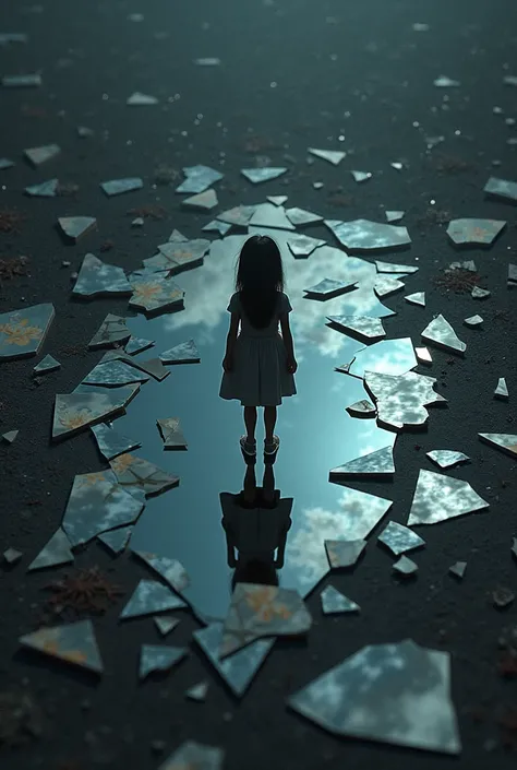 A broken mirror with scattered shards, each reflecting distorted and abstract images (flowers, hands, or a dark sky), with the girl’s reflection nowhere to be found.