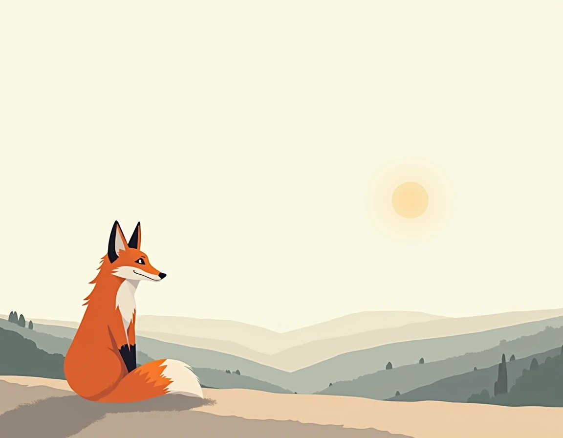 Create a teenage fox in flat mode, Seated looking at the horizon from the bottom left  