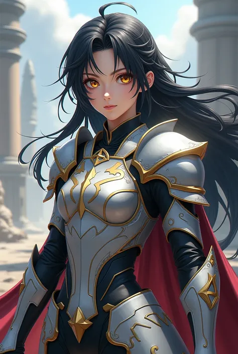 23 year old teenager, 1,76 tall, With black hair and golden eyes, with silver armor with gold details, anime