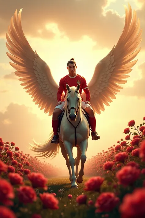 Ronaldo Cristiano rides on a horse with wings and roses