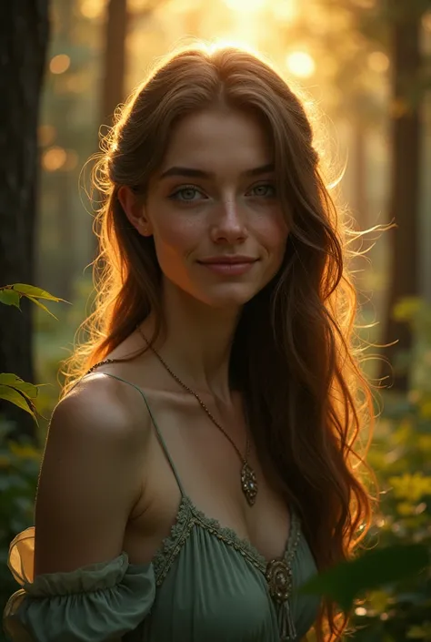 Create profile photo of young women in a forest at dusk 