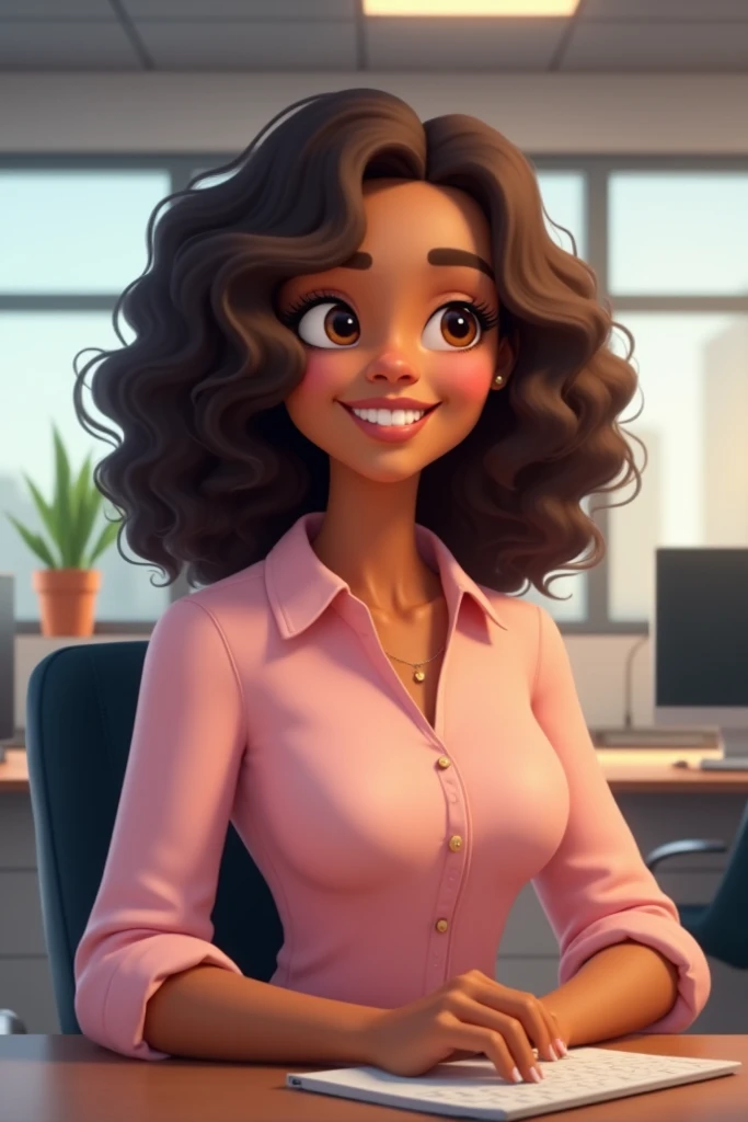 Animation of a shoulder length curly-haired indigenous brunette woman, in an office, wearing a light pink blouse with buttons  .