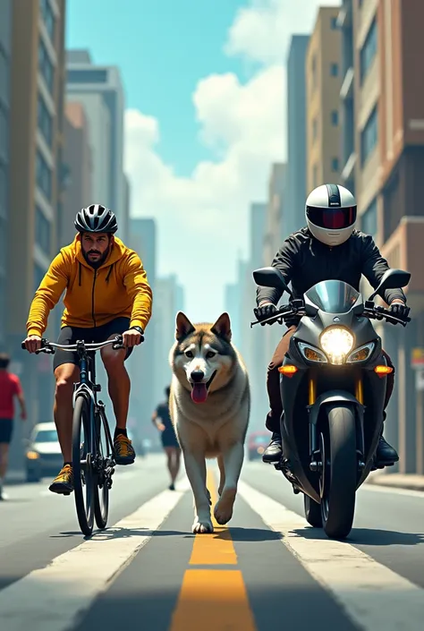 A cicling at the left, a moto biker at the right and a bald man jogging with a American akita dog gray betwenn