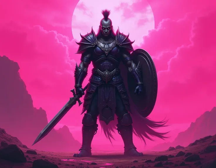 Black Warrior , Pink tons,  sword and shield in hand