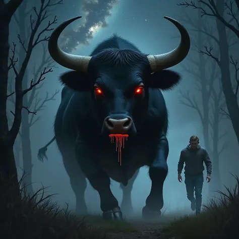 " An imposing and dark black bull with red eyes Brilliant and sinister,  with saliva dripping from his mouth and a man sniffing, Running from the bull .  It is shrouded in a mysterious atmosphere ,  with a starry sky background and the visible Milky Way , ...