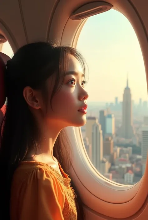 a beautiful Vietnamese girl, 1girl, long dark hair, gentle smile, curious expression, first time on an airplane, looking out window, airplane interior, city landscape outside, sunlight streaming in, serene atmosphere, photorealistic, intricate details, hig...