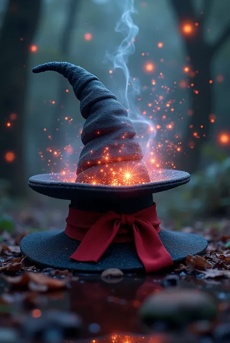 A black hat galera with red ribbon of wizards and magic tricks , ejecting flashes of smoke magic stars in 3D Pixar from inside, bottomless
