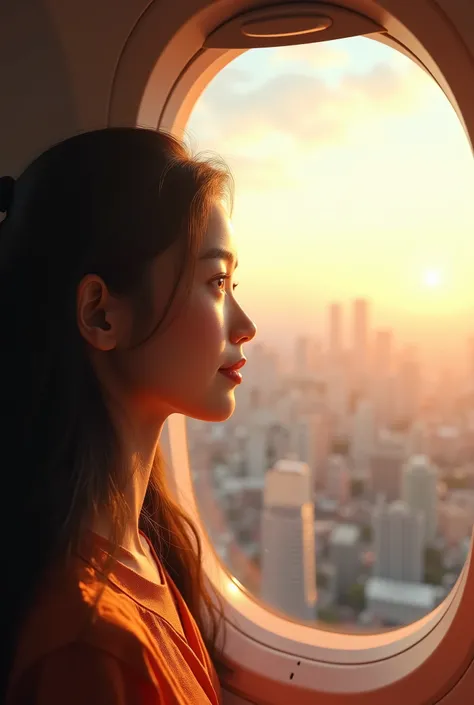 a beautiful Vietnamese girl, 1girl, long dark hair, gentle smile, curious expression, first time on an airplane, looking out window, airplane interior, city landscape outside, sunlight streaming in, serene atmosphere, photorealistic, intricate details, hig...