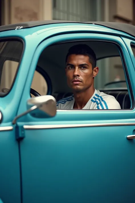 Cristiano Ronaldo inside a blue Beetle