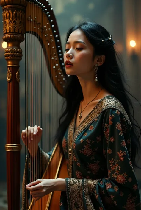 Singer with harp,  with black hair 