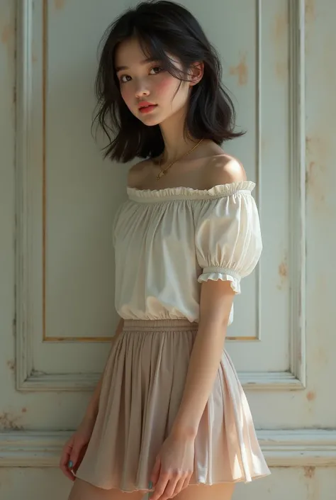 Realistic  European girl in mini pleated skirt
