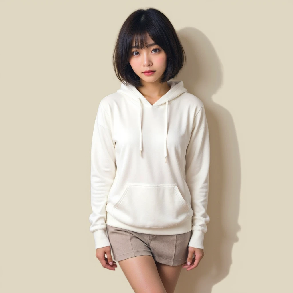 Proper placement, Golden Ratio, masterpiece,   best quality,  there is nothing,   1 Japanese woman,  Beautiful Japanese woman on simple background, white hoodie with skirt,   anatomically accurate ratio  :1.331,   black hair,   Medium Hair , With a simple ...