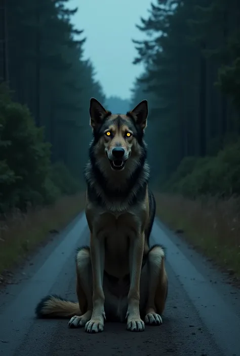  A deserted dirt road at night , surrounded by an enclosed forest . In the middle of the road,  an enormous dog with eyes glowing in intense yellow. He is standing still, staring directly at the viewer,  with a slight sinister smile .