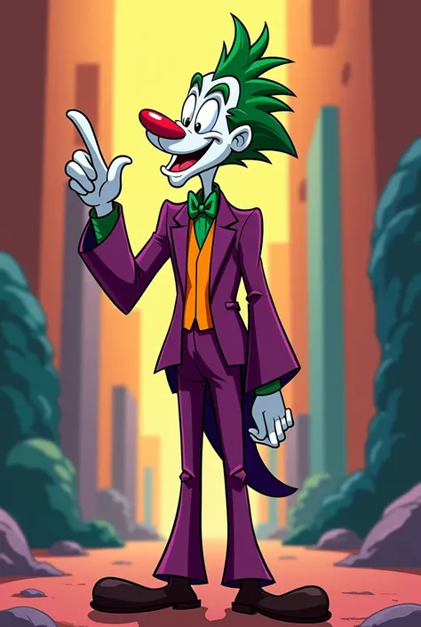 Joker Arthur Fleck Looney Tunes-style cartoon full body pointing up with his finger