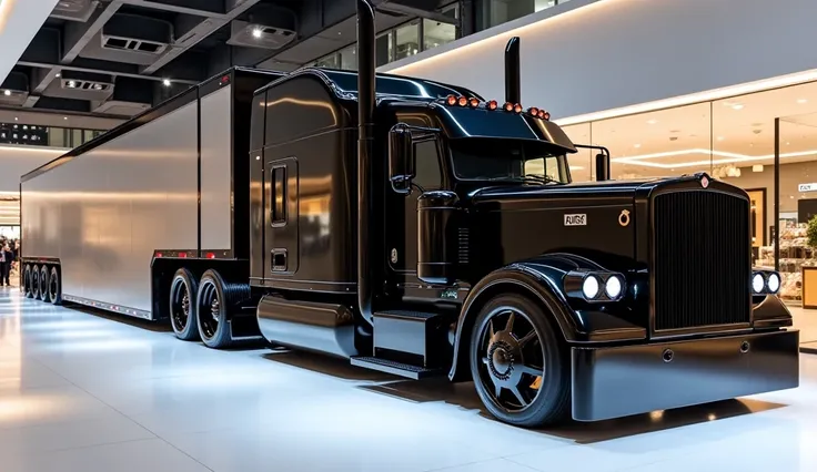 A photo of a modified The $4M Road Train: World’s Longest and Most Powerful Hauler!" with a sleek, full design. Side view, The Truck is black and has a black roof. The Truck logo is displayed on the black grille. The car is parked on a white surface. The b...