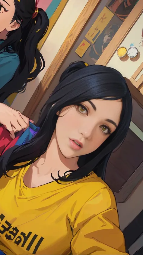 anime girl with long black hair and a yellow shirt, portrait knights of zodiac girl, official art, hq artwork, portrait of modern darna, painted in anime painter studio, nico robin, character portrait closeup, closeup character portrait, faye valentine, an...