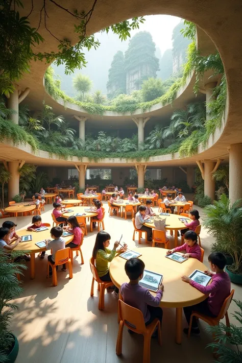 A visual of a school classroom where students do not wear shoes, where there is a flexible seating arrangement where they can sit individually or in groups, technology and a map corner, dining areas surrounded by nature designed according to the theory of ...