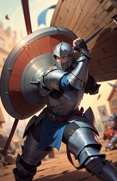 A beefy knight in pristine heavy armor, clearly fresh out of the armory, holding a massive shield that blocks his entire field of view. Wields a greatsword too large to swing properly, dragging it behind him and leaving a trail in the dirt. Has every damag...