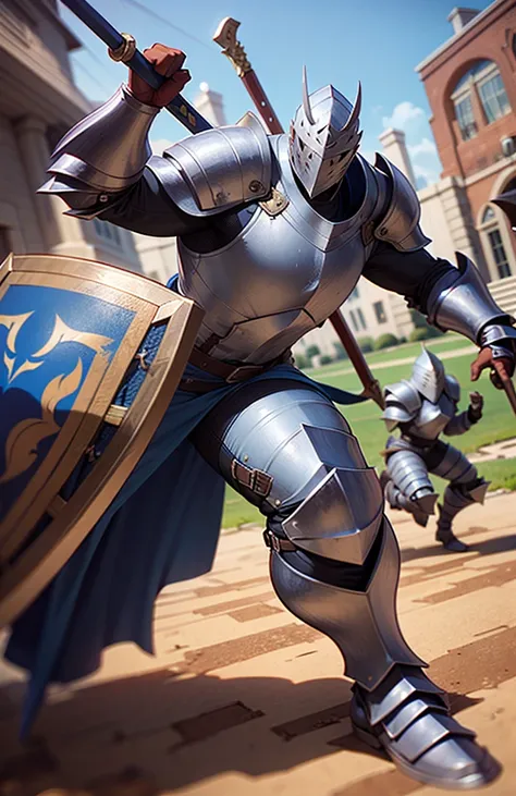 A beefy knight in pristine heavy armor, clearly fresh out of the armory, holding a massive shield that blocks his entire field of view. Wields a greatsword too large to swing properly, dragging it behind him and leaving a trail in the dirt. Has every damag...